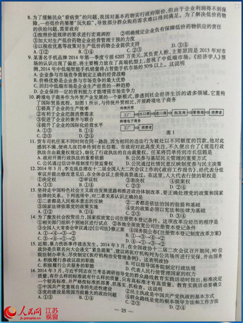 人民网发布2014年江苏高考政治试卷及答案