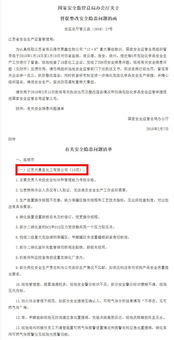 响水爆炸事故涉事企业曾因13项安全隐患被点名