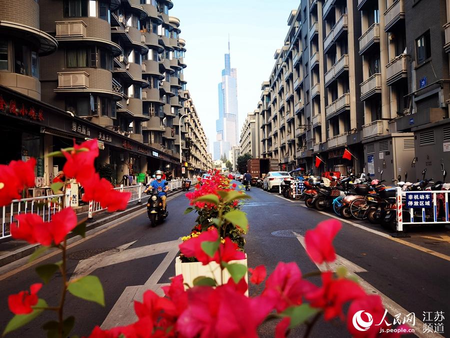 9月29日摄。南京市鼓楼区，摩天大楼与市井老街交相辉映，让这里成了一条“网红路”。朱岩摄