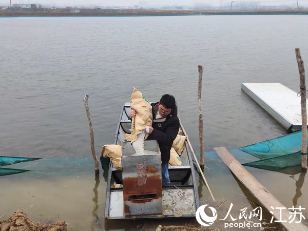 刘俊胜正在为水塘消毒。受访者供图