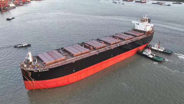 全球最大新造木屑船“刺槐”轮顺利下水。扬州海事局供图