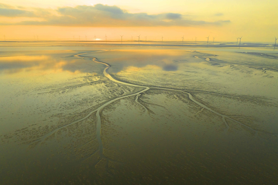 條子泥濕地灘涂上，水流過的痕跡形成了千姿百態的“沙畫”。單中華攝