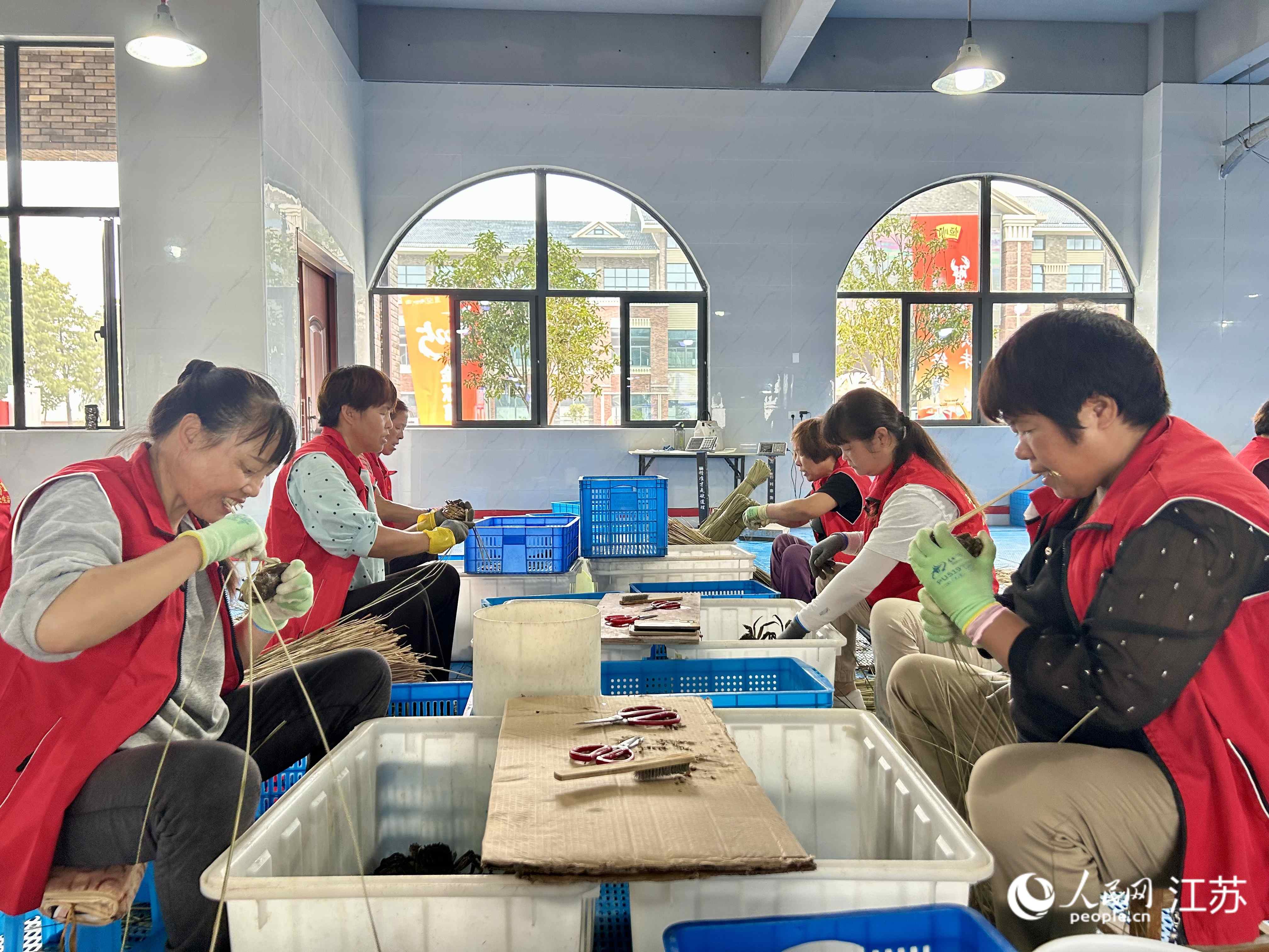 蟹农忙着捆扎螃蟹。人民网记者 王丹丹摄