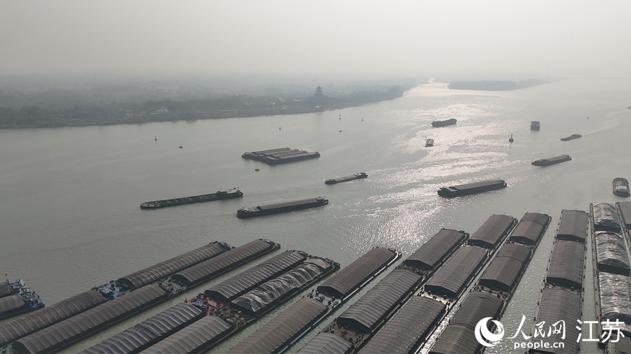 鳳凰島旁，船舶正依次等待過閘。人民網 徐晨曦攝