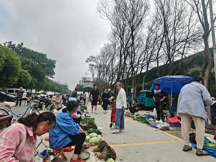 居民在便民疏導點購買蔬菜。 江北新區綜合行政執法總隊供圖