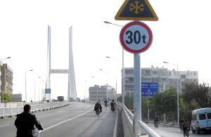 徐州市51座桥梁的桥头都安装了非常醒目的限载标志牌,这是市政工人用