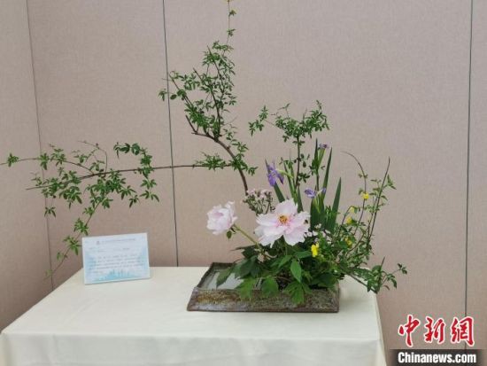 宋晓梅创作的传统插花“烟花三月”作品获金奖。　李惠�� 摄
