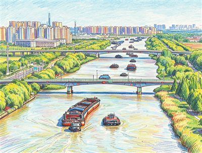 貨船行駛在京杭大運河江蘇淮安段。殷 潮攝（影像中國），AI修飾生成素描畫