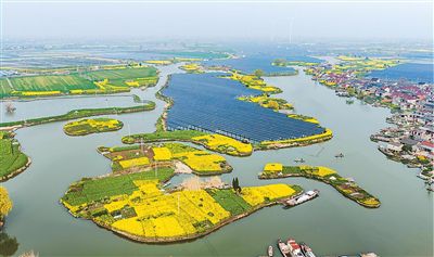 工作人員在江蘇泰州海陵區華港鎮下溪村乘船巡檢水上光伏設備。湯德宏攝（人民視覺）